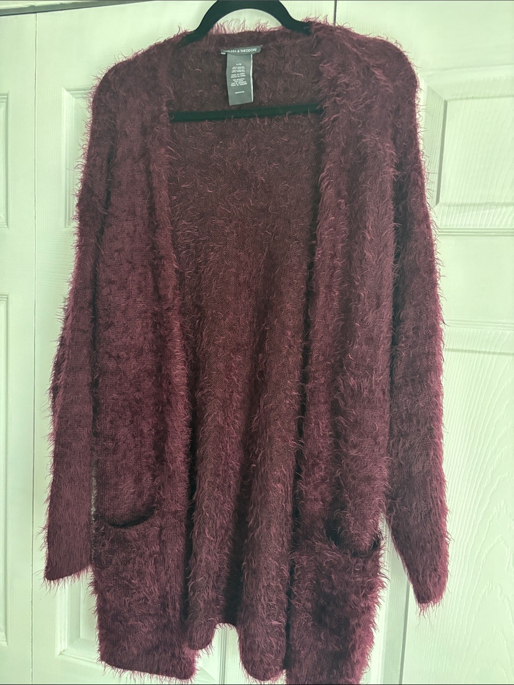 Chelsea & Theodore Plush Fuzzy Open-Front Cardigan Sweater - Wine